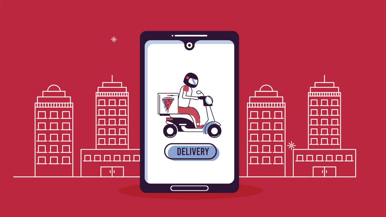 delivery food service worker in motorcycle in smartphone