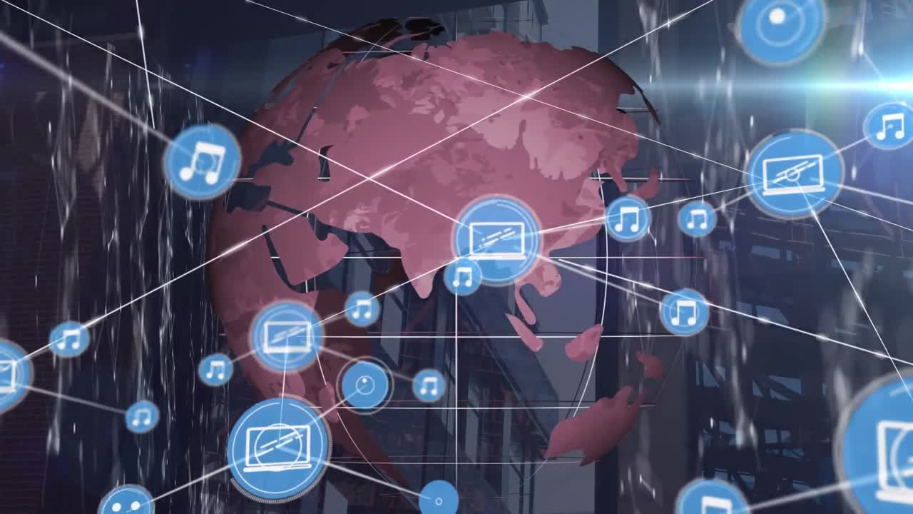 Animación de red de conexiones con iconos y globo sobre sala de servidores