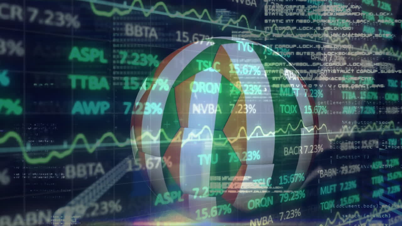 Stock market data and financial graphs overlaid on soccer ball animation