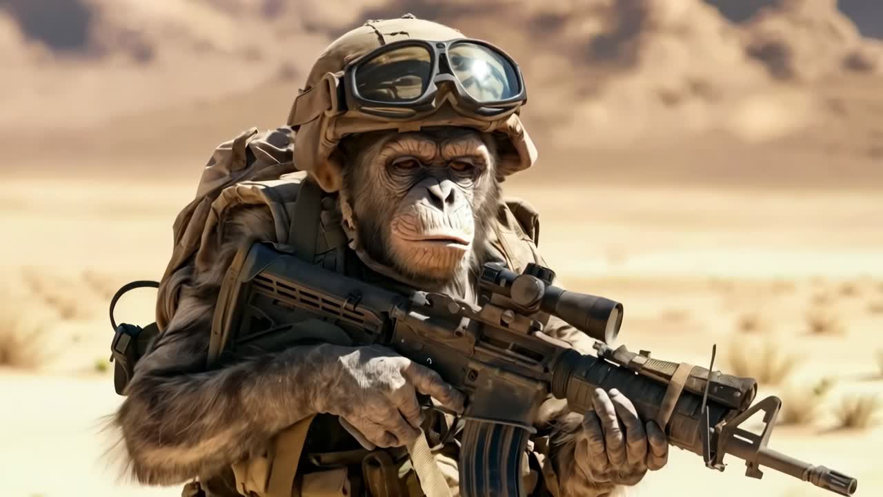 un chimpancé vestido como un soldado sosteniendo un rifle en el desierto