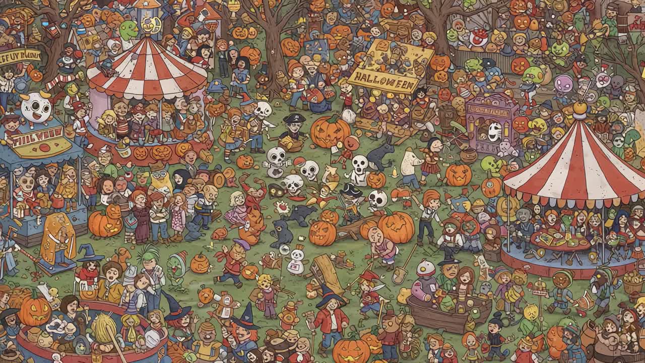 A Colorful Halloween Carnival Scene Filled with Festive Activities, Decorations, and Characters in a Vibrant Setting of Pumpkins and Fun for All Ages