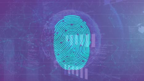 Animation-of-data,-fingerprint-and-digital-padlocks-on-violet-background