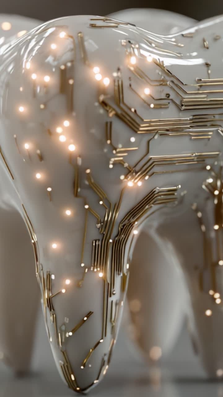 Tecnologia Dentale Futuristica: Una Vista Ravvicinata di un Dente con Design di Circuiti Integrati e Caratteristiche Luminose, Fondendo Elementi Naturali e Tecnologici