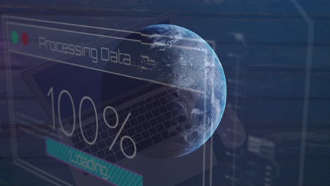 Animación-De-La-Interfaz-Con-Procesamiento-De-Datos-Sobre-El-Globo-Contra-Una-Computadora-Portátil-Y-Un-Mouse-Sobre-Una-Superficie-De-Madera