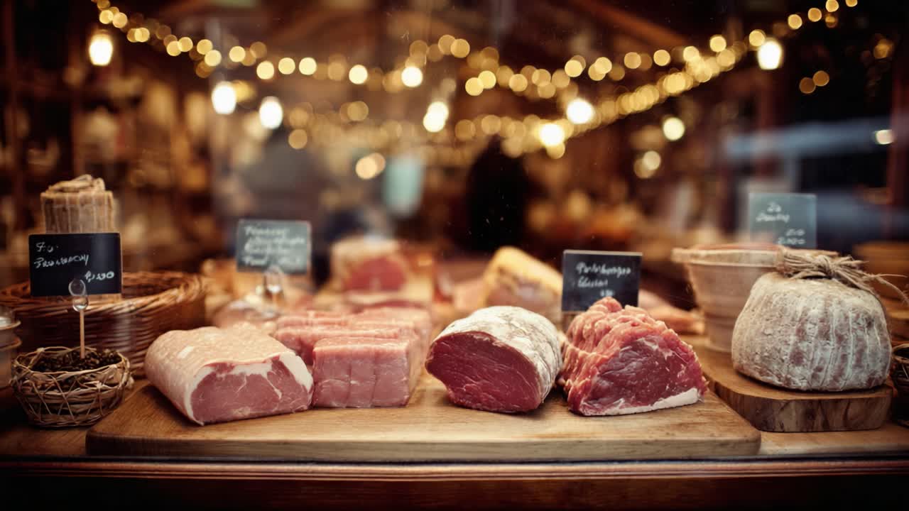 Una splendida esposizione di tagli freschi di carne e prodotti artigianali in un negozio gourmet, valorizzata da un'illuminazione calda e un'atmosfera accogliente