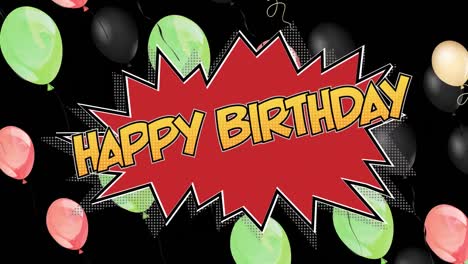 animación del texto de feliz cumpleaños sobre globos coloridos sobre fondo negro
