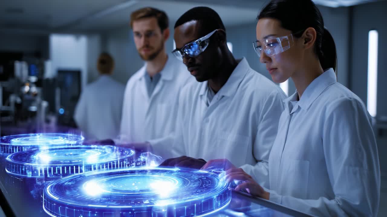 In a modern laboratory, three scientists collaborate on advanced technology, analyzing glowing holographic displays that showcase intricate data visualizations and simulations, representing the forefront of scientific research