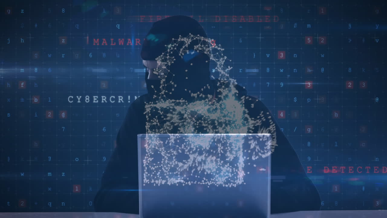 Animation of cyber attack warning over online security padlock and hacker
