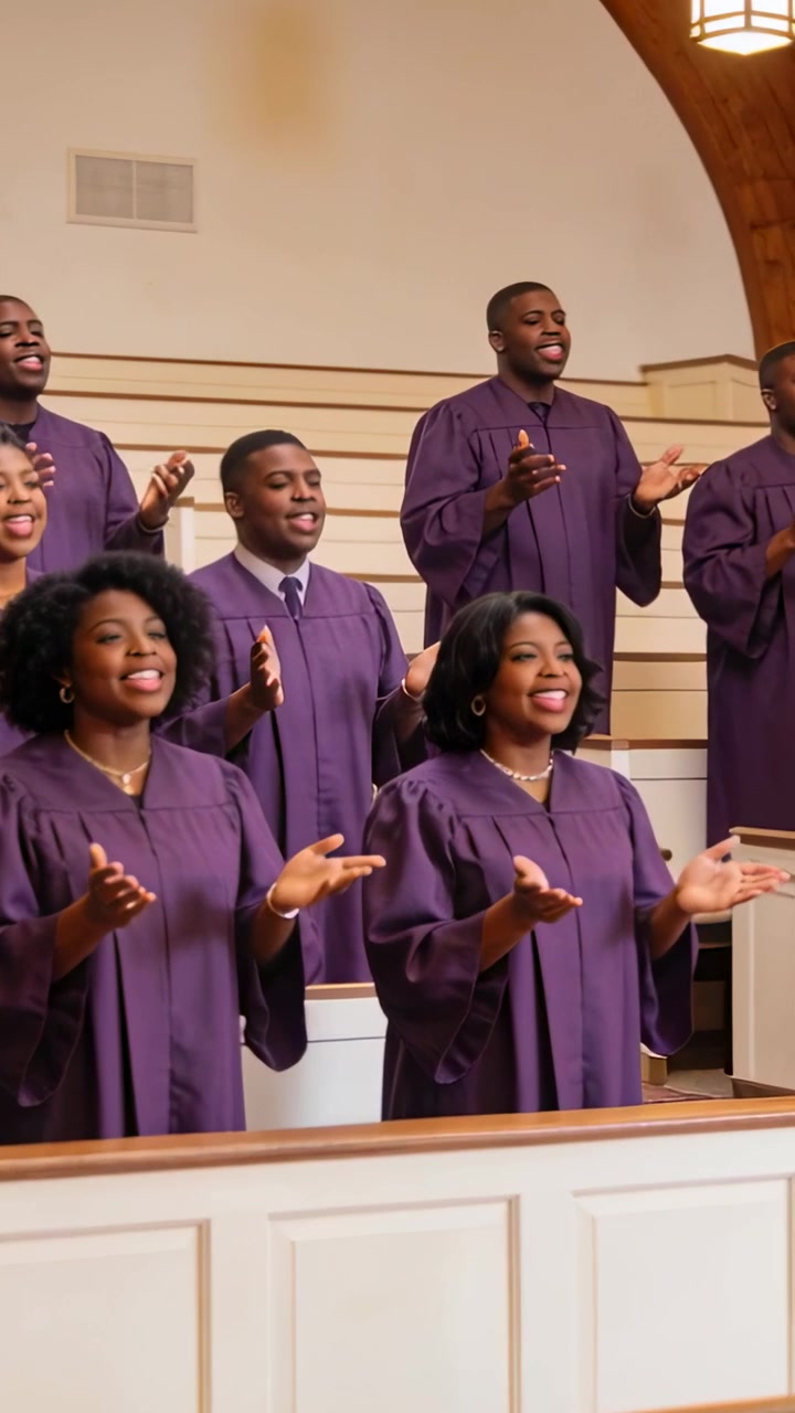 Vertical video: Singing choir group in purple robes opening palms on church risers as crescendo