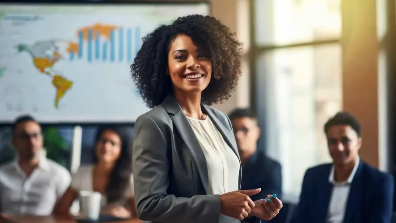 Confident businesswoman presenting in a meeting room, shot from a low angle