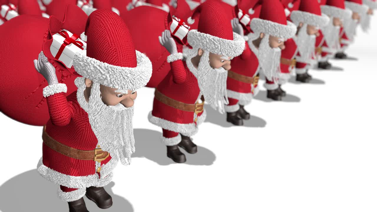 Santa Claus army carries bags of gifts. Merry Christmas and Happy New Year 2020 animation. Seamless loop.