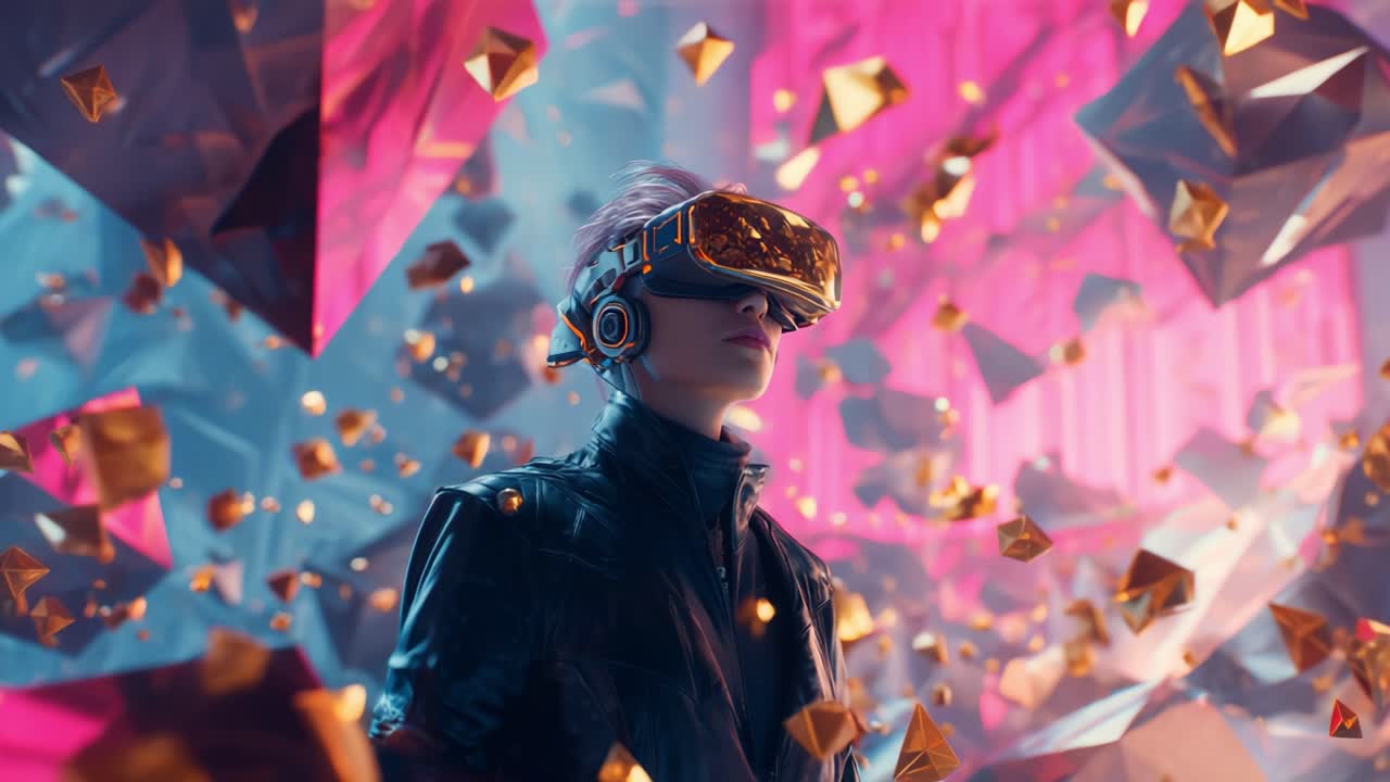 Exploring a Vibrant Virtual Reality World: A Futuristic Journey Through Glowing Geometric Shapes and Dynamic Colors with an Enthusiastic User in High-Tech Gear