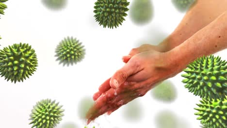 Animation-of-macro-coronavirus-Covid-19-cells-spreading-over-man-washing-his-hands