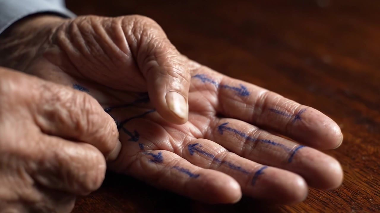 Esplorando le intricate trame delle mani: un primo piano di una mano segnata da intricate linee blu e frecce, simboleggiando direzione e percorsi di vita.