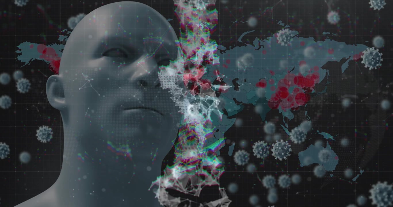 Animace 3D lidského těla a DNA s koronavirem šířícím se po celém světě.
