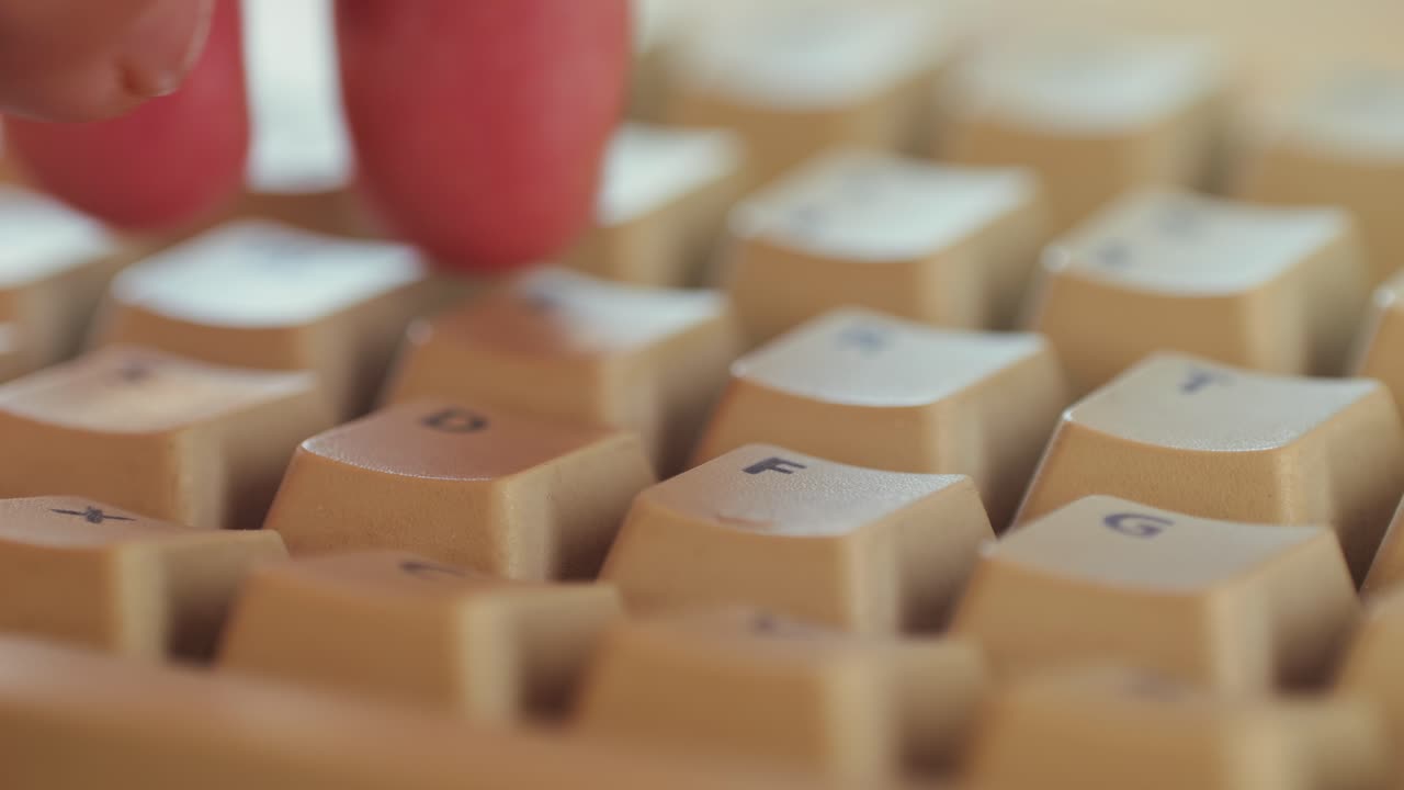 Man working and gaming on retro computer PC, IT engineer with vintage computer at home, using old fashion technology, close up of retro setup.