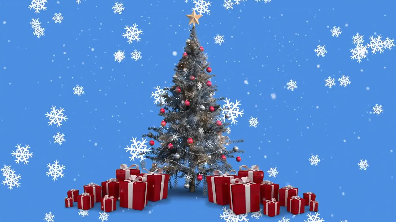 Animation of snow falling over christmas tree on blue background ...