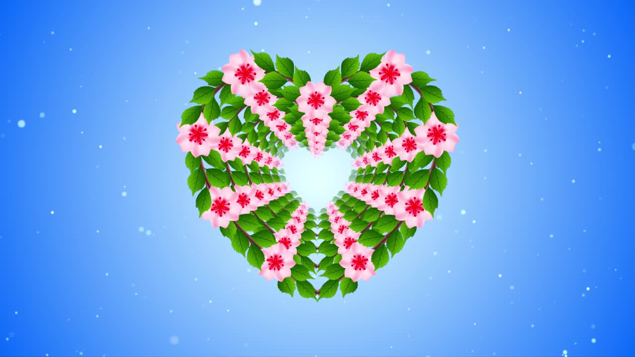 꽃 장식 심장 프레임 포도 사쿠라 체리 꽃 꽃과 잎 터널 밝은 파란 빛나는 먼지가 날아 3d