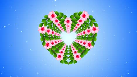 floral decoration heart frame vine sakura cherry blossom flowers and leaves tunnel reveal on bright blue glitter dust flying 3d