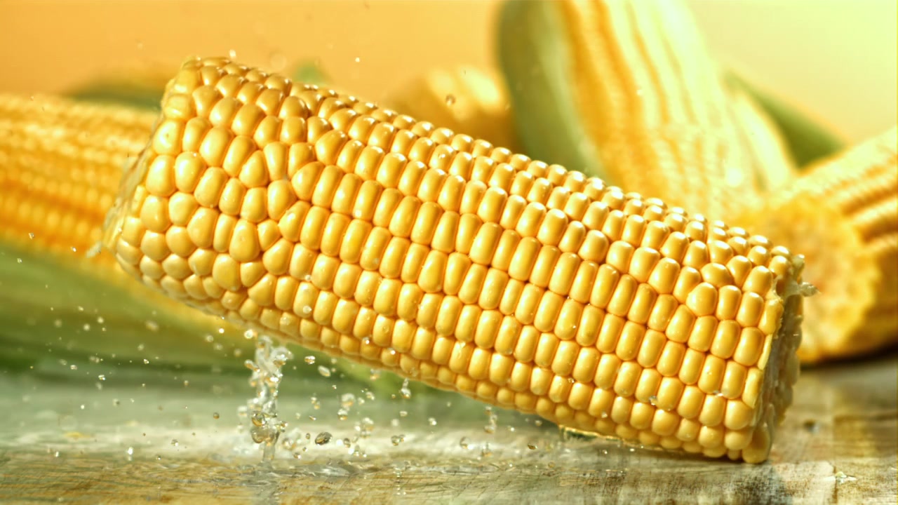 Fresh Corn on the Cob Drops and Splashes Water in Slow Motion