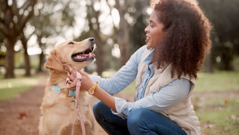 woman petting a golden retriever in a park