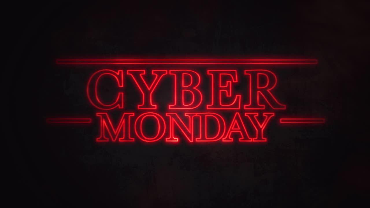 80년대 스타일의 어두운 은하계에서 스타워즈 스타일의 텍스트가 있는 사이버 월요일