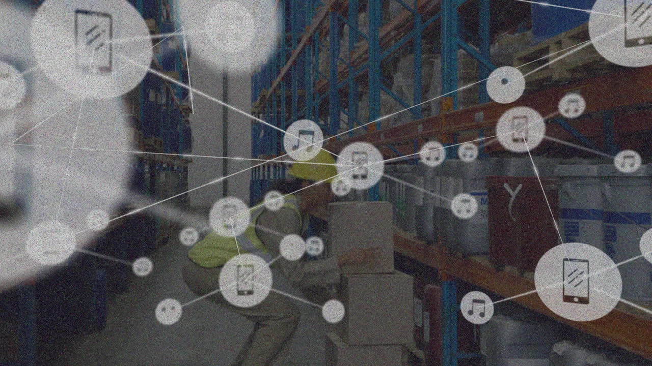 animación de iconos conectados por líneas, trabajadora afroamericana cansada con cajas en el almacén.