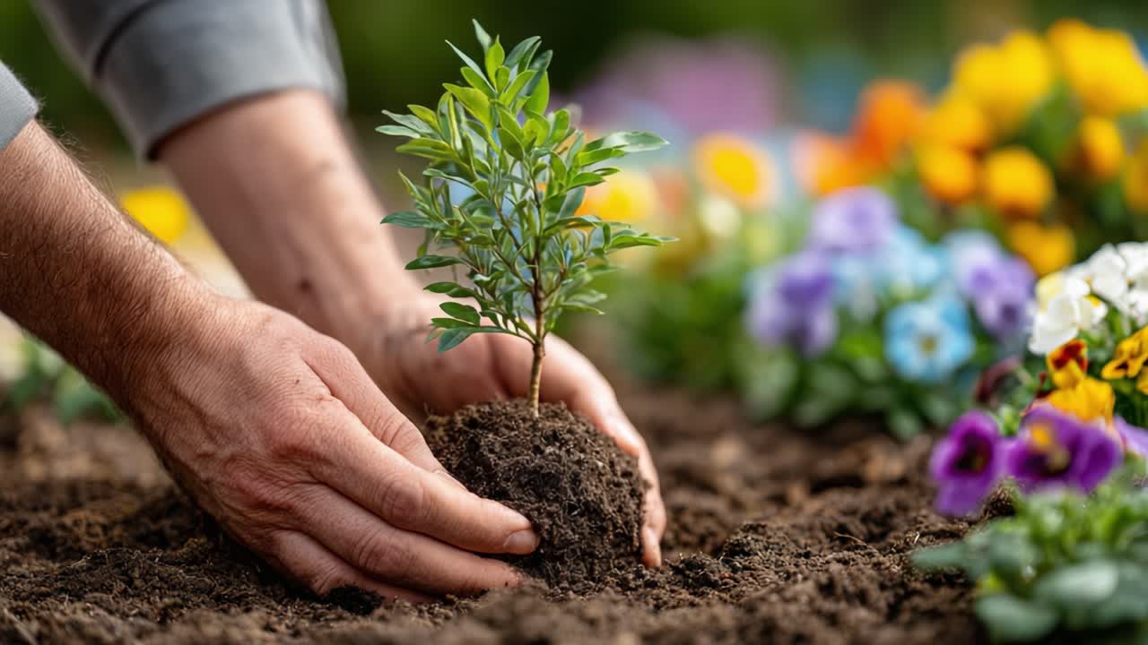 Coltivare nuova vita: una visione ravvicinata di una mano che pianta una giovane piantina verde in un giardino vibrante pieno di fiori colorati