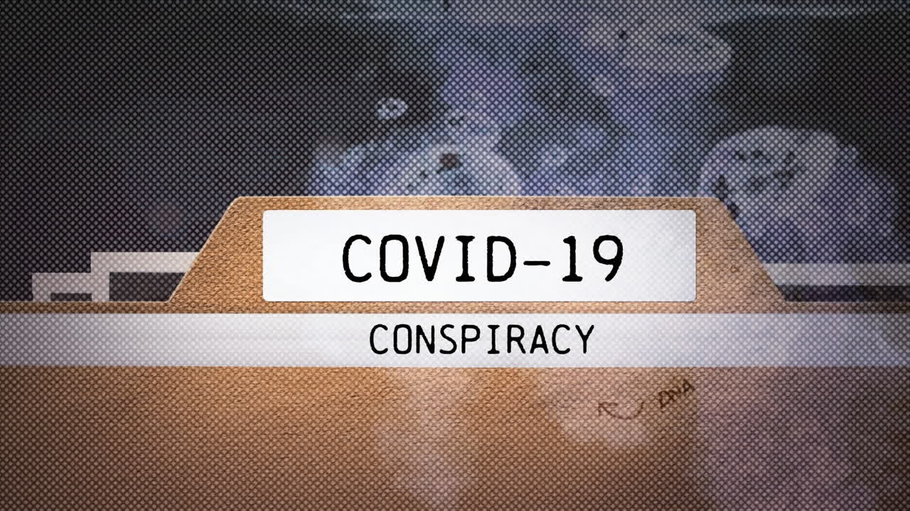 Animazione del testo 'cospirazione COVID-19' sopra il globo