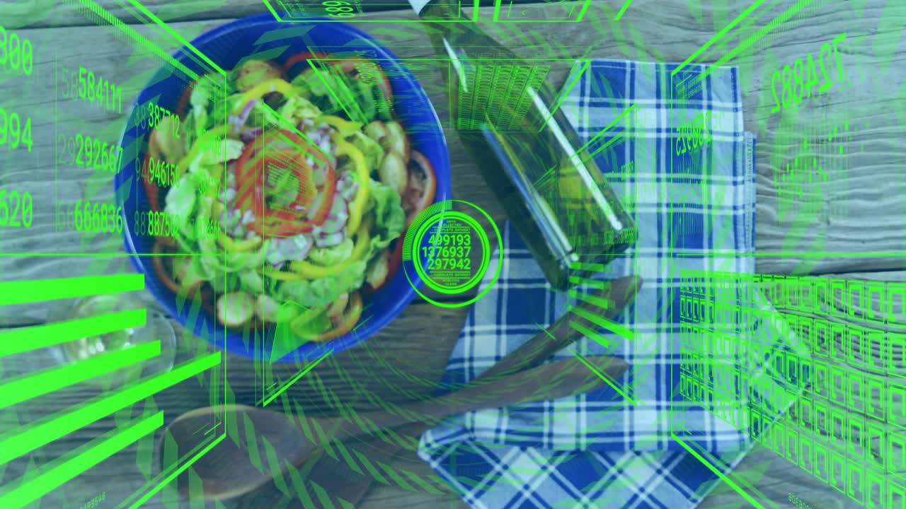 Reticolo HUD che avvia la scansione, zoomando all'indietro per rivelare una ciotola per insalata, una bottiglia e utensili per l'analisi