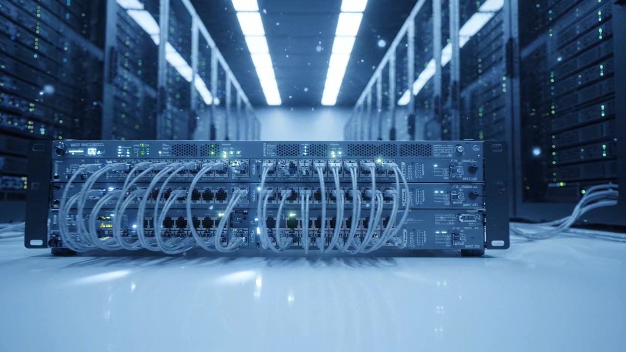 Advanced server technology and networking equipment showcased in a high-tech data center environment, illuminating the future of connectivity and information processing.