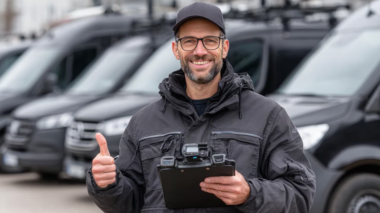 Smiling Professional Holding Clipboard in Front of Vans: Showcasing a Friendly Attitude and Preparedness for Work in a Fleet Management Setting