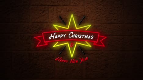 feliz navidad y feliz año nuevo signo de neón en la pared de ladrillo