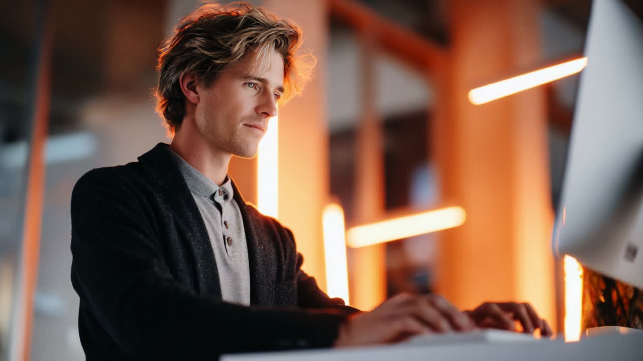 Focused young professional engaged in work at a modern office workspace, illuminated by warm lighting, showcasing concentration and productivity while using a computer to achieve goals