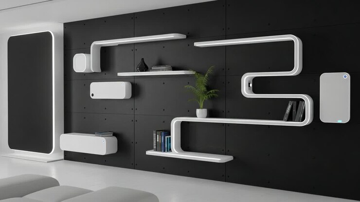 Mensole sospese contemporanee: un elegante mix di funzionalità e design in uno spazio abitativo moderno caratterizzato da linee pulite e un'estetica minimalista