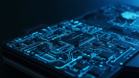 illuminated circuit board close-up: a detailed exploration of microchip technology and modern electronics on a themed background