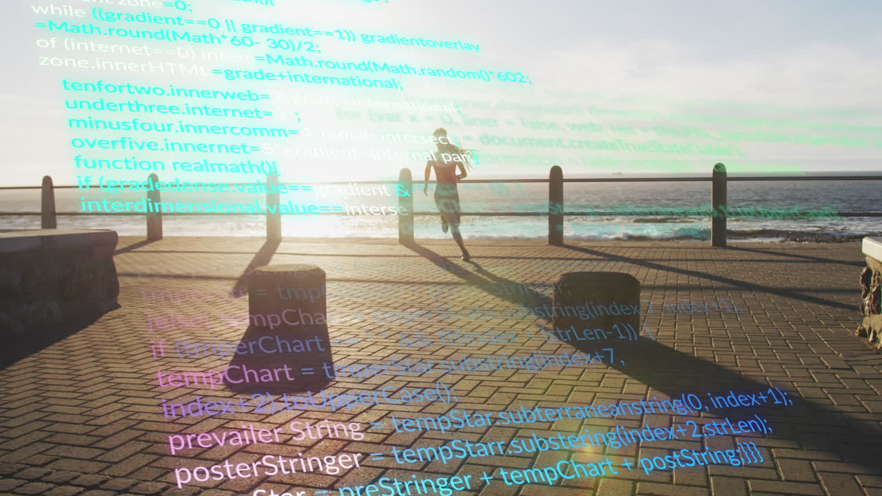 Animation of data processing over african american woman running by seaside