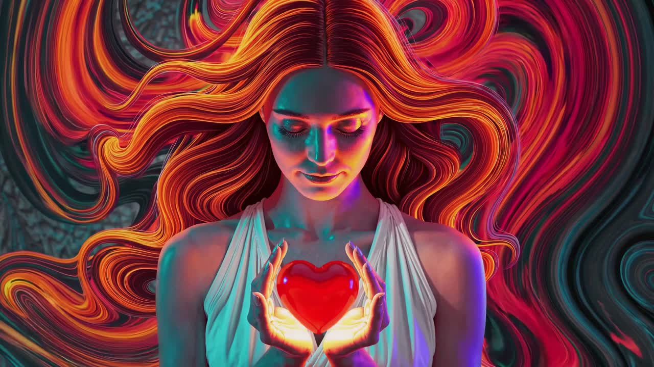 Un fermo immagine video vivido e surreale di una donna che tiene in mano un cuore luminoso, ripreso da un angolo inferiore