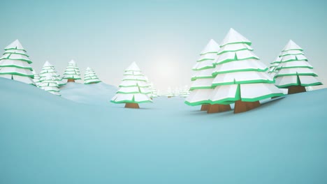 camera flight through a winter landscape with cartoon trees, snow and blue sky