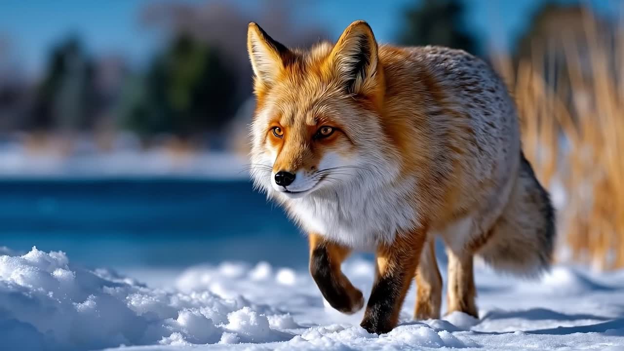 카메라를 바라보는 눈 속에 서 있는 은 여우