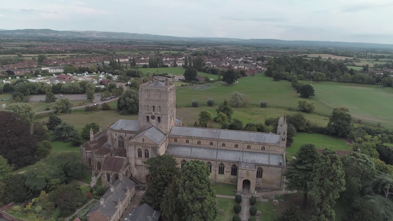 Reverse aerial orbital of St Mary the Virgin Abbey in Tewkesbury.