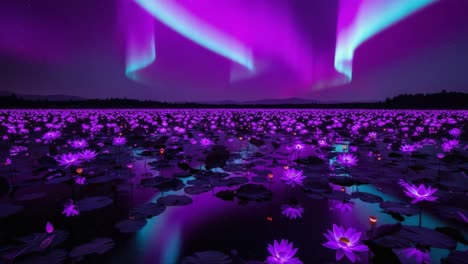 A Mesmerizing Dance of Aurora Borealis Over a Dreamlike Lotus Field at Night, Illuminated by the Ethereal Glow of the Northern Lights and Flowers Blooming in Unison