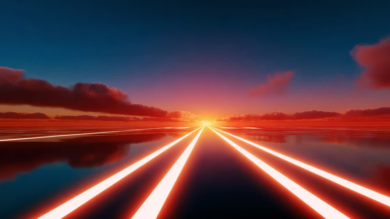 A breathtaking journey through the horizon, captured in two frames showcasing the radiant sunrise reflections on a calm water surface, emphasizing vibrant colors and serene tranquility in a digital landscape