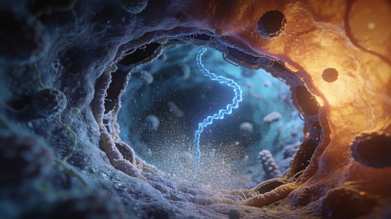 Descending blue filament touching round viral particle in tubular cavity, releasing helical strand