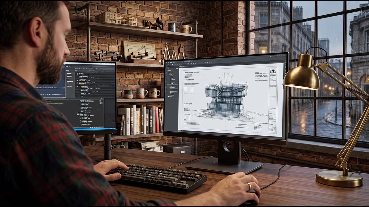 Creative workspace featuring computer monitor and digital content production environment