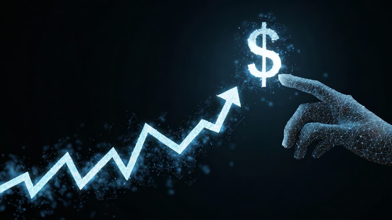 A Futuristic Hand Reaches for a Dollar Sign, Symbolizing Growth and Prosperity in the Financial Sector with Dynamic Graphs Illustrating Rising Trends