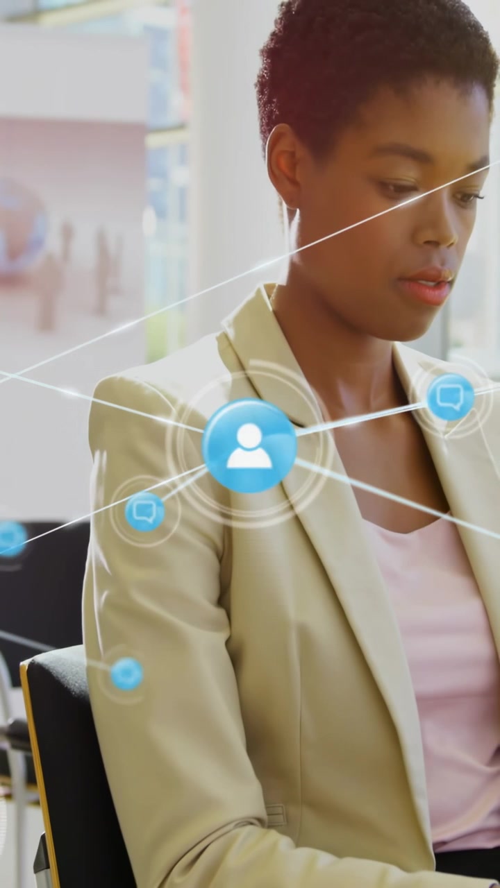 Vertical video: Woman blue node appearing sparking network over torso showing business ties