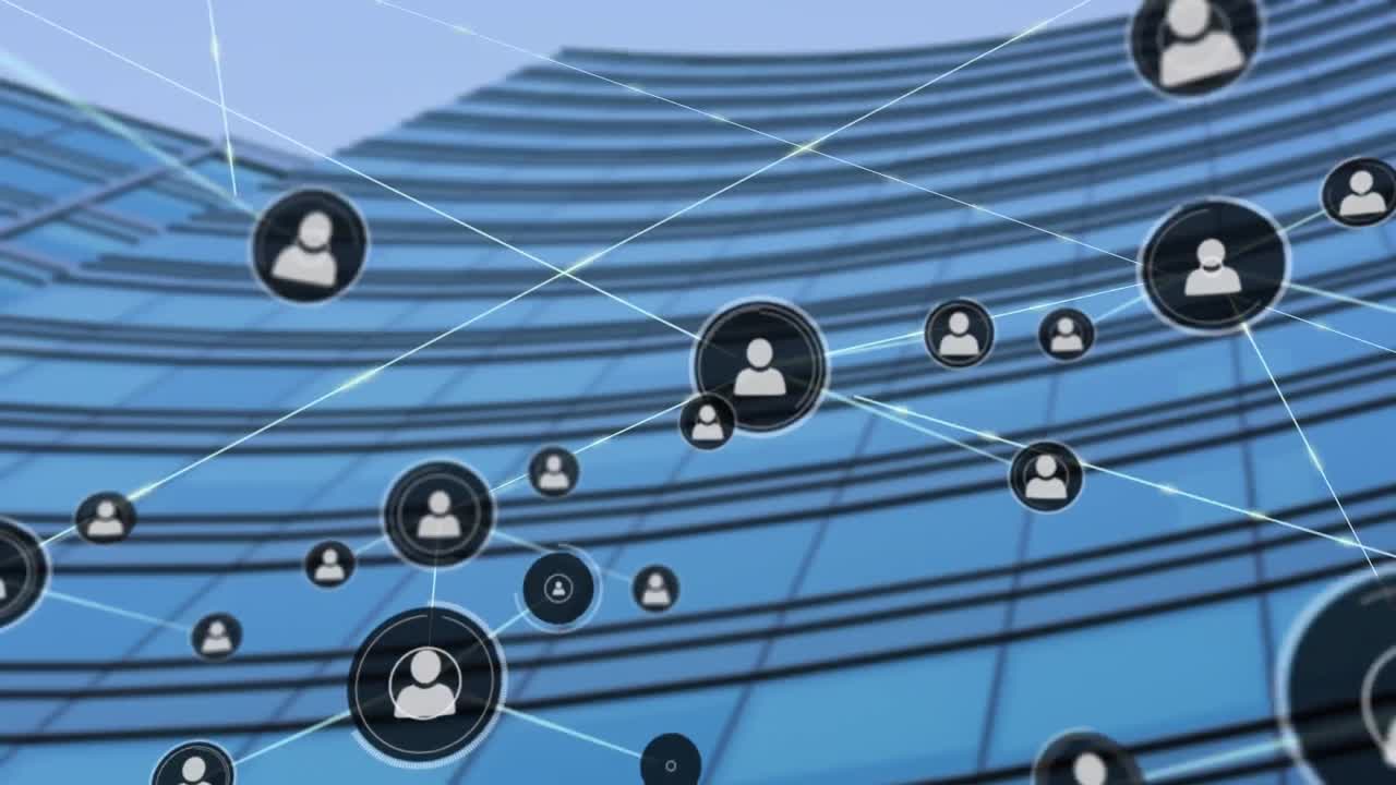 현대적인 사무실 건물 위의 사람들과의 연결 네트워크 아이콘의 애니메이션