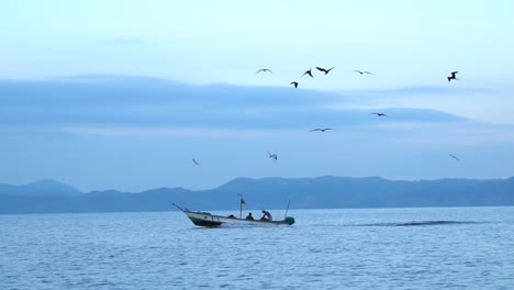 Toma-A-Cámara-Lenta:-Un-Pescador-Conduciendo-Un-Bote-En-El-Mar,-Rodeado-Y-Seguido-Por-Gaviotas-Hambrientas