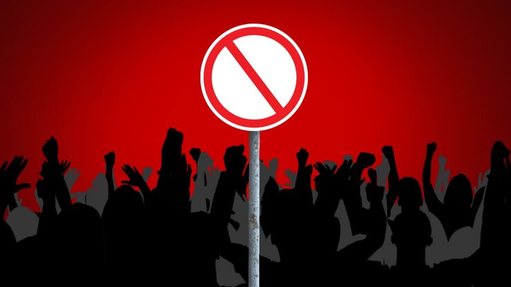 Animation of sign and raising hands over red background